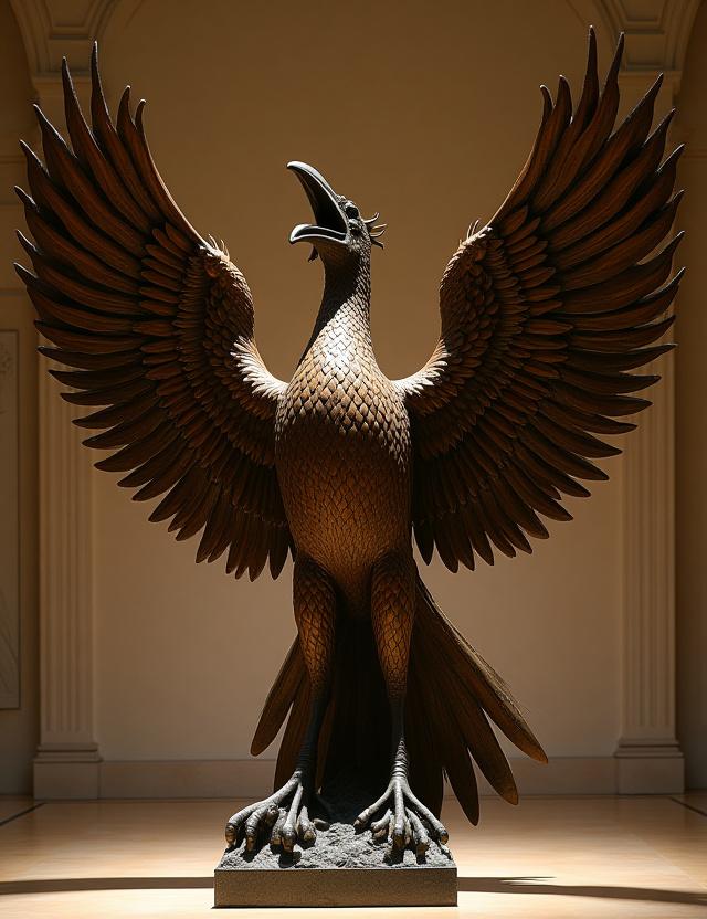 A large bronze phoenix sculpture with wings spread.