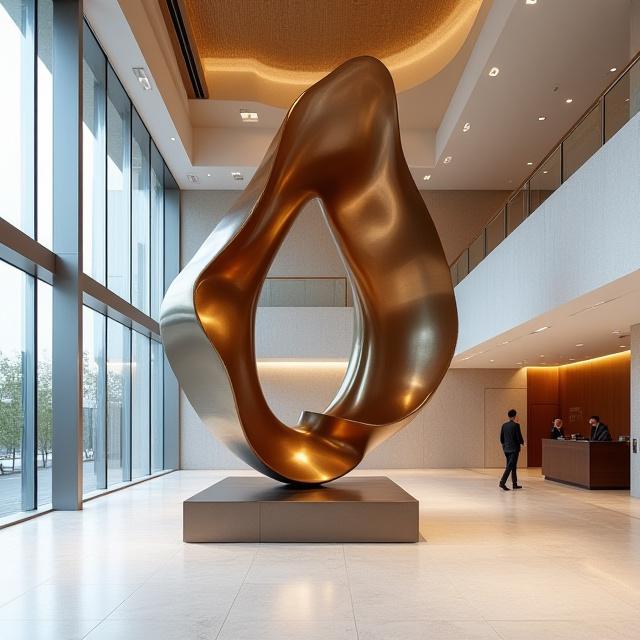 A large, flowing metal sculpture in a corporate lobby.