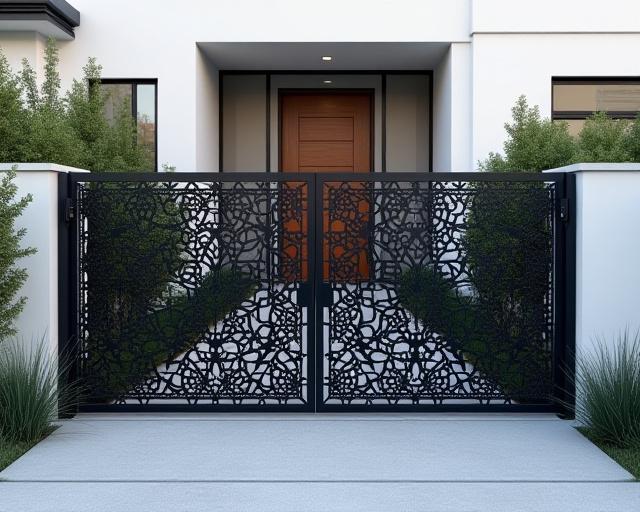 An intricate laser-cut steel gate for a modern home.