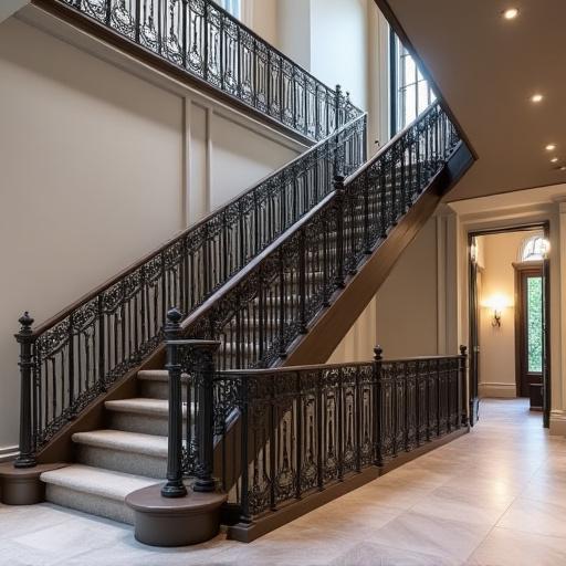 An ornate, custom-made metal staircase railing.